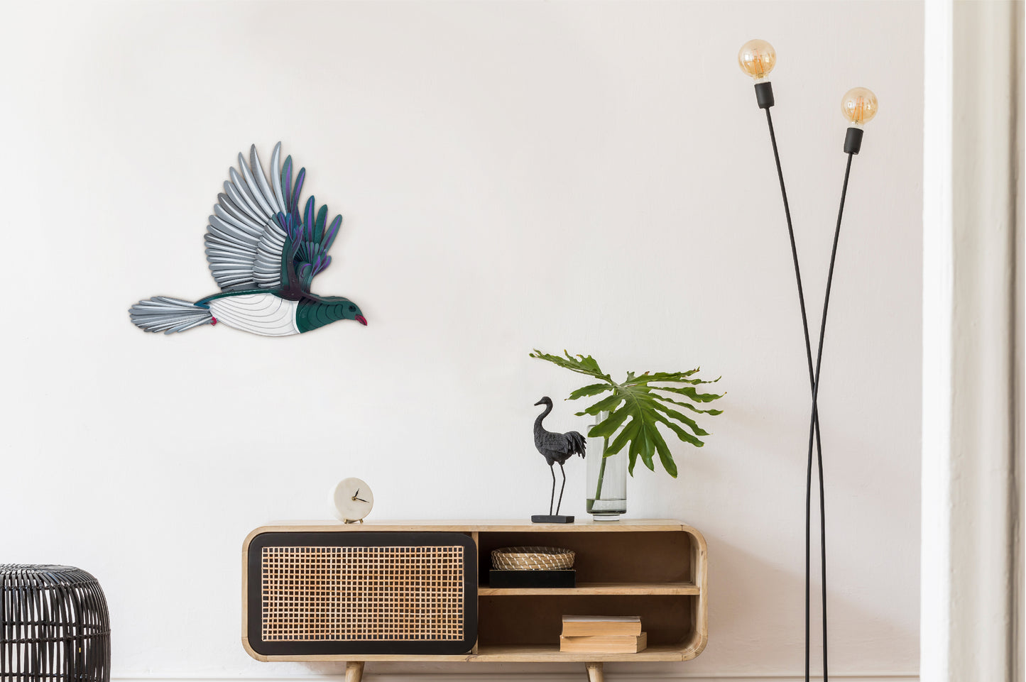 Kererū wood pigeon wall art front view with laser-cut bamboo construction
