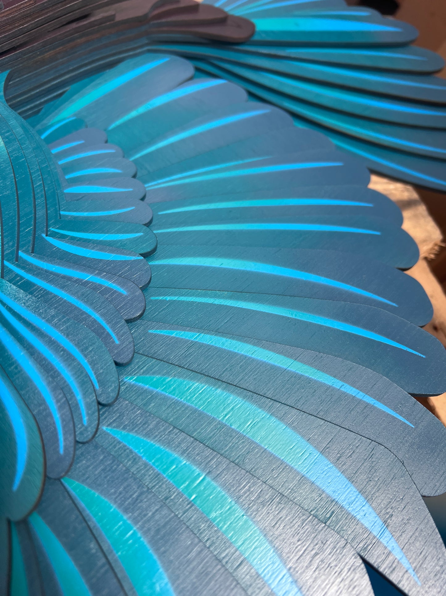 Close-up of Tui wall art showing intricate wing layers and 3D depth effect