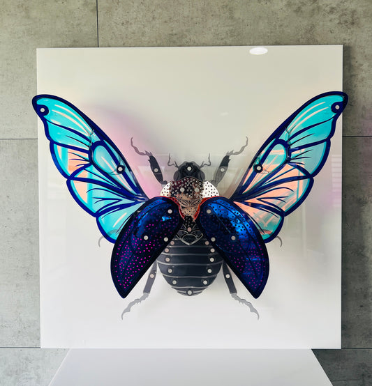 3D Blue Scarab Beetle with iridescent layered acrylic