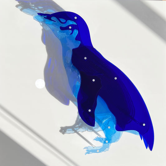 Blue Penguin 3D wall art with layered tinted Perspex in display case