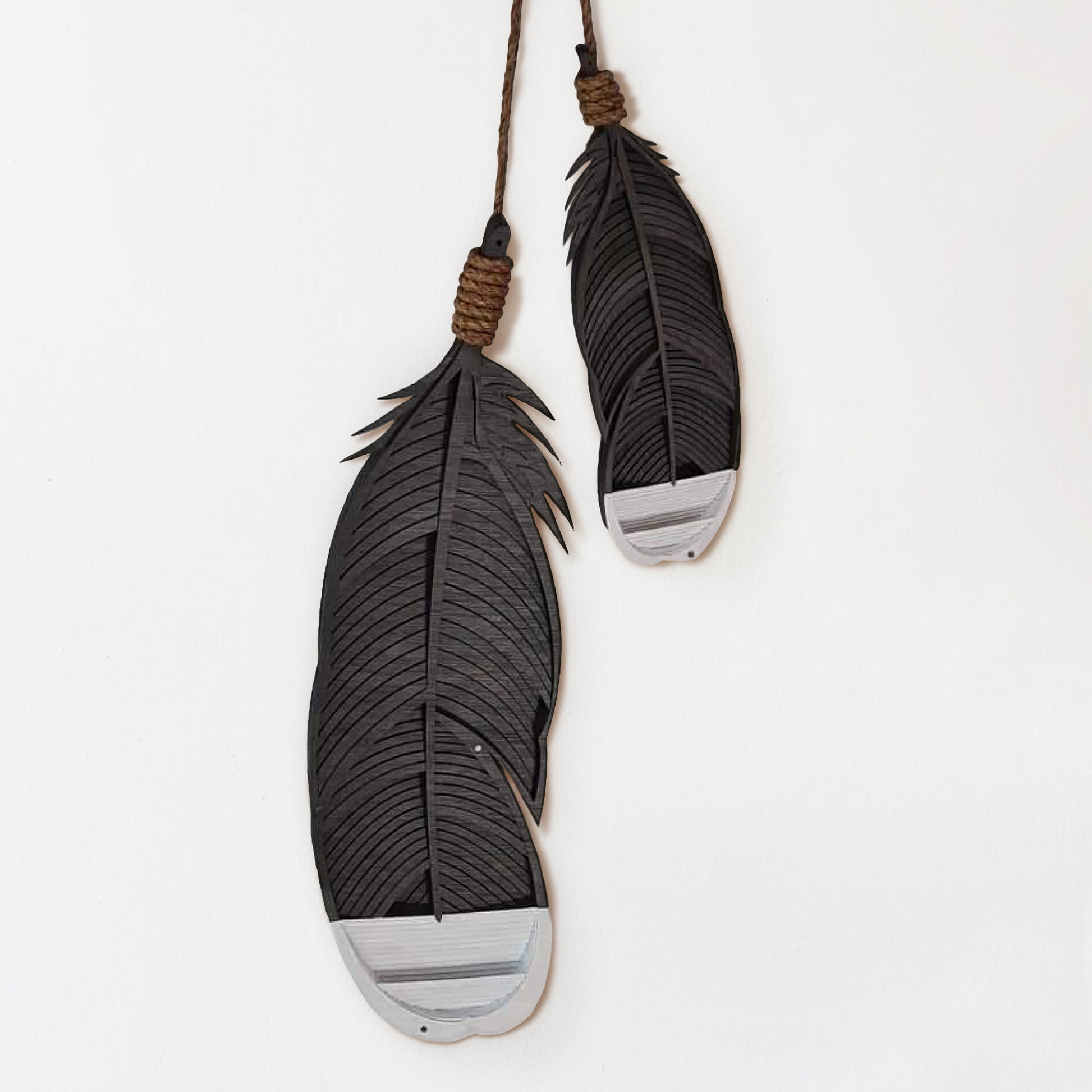 Double Huia feather wall art with 13 hand-painted bamboo layers and rope hangers
