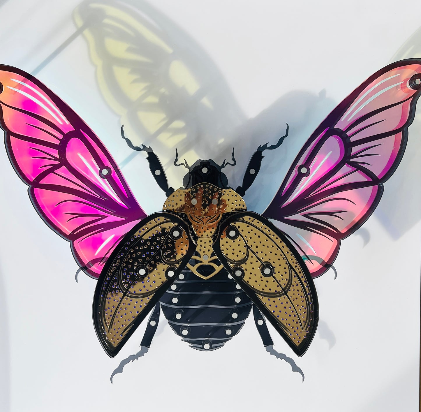 Golden Scarab Beetle wall art front view showing iridescent gold layers