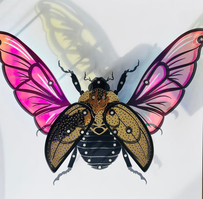 Golden Scarab Beetle wall art front view showing iridescent gold layers