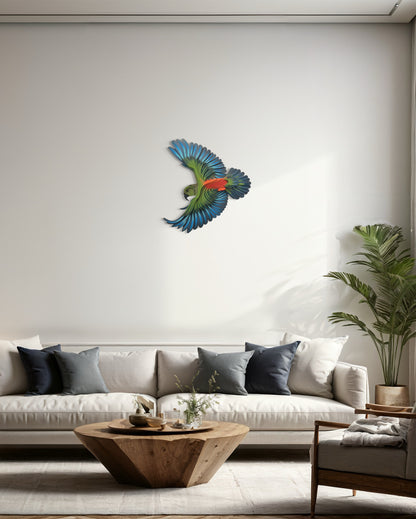 Kea wall art displayed on white wall showing 3D depth and alpine parrot detail