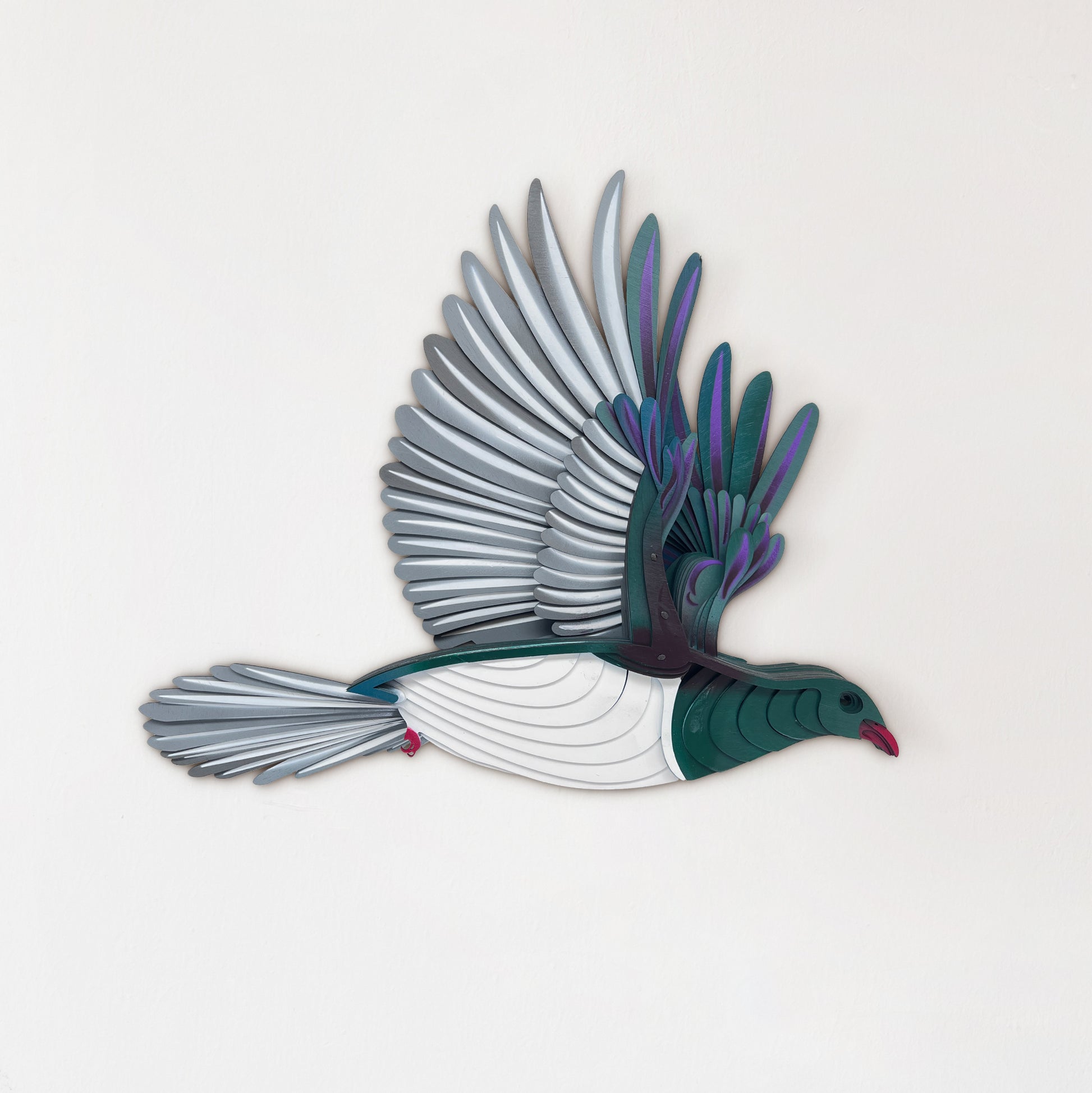 Hand-painted Kererū wood pigeon wall art with bold purple and green colors