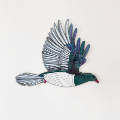 Hand-painted Kererū wood pigeon wall art with bold purple and green colors