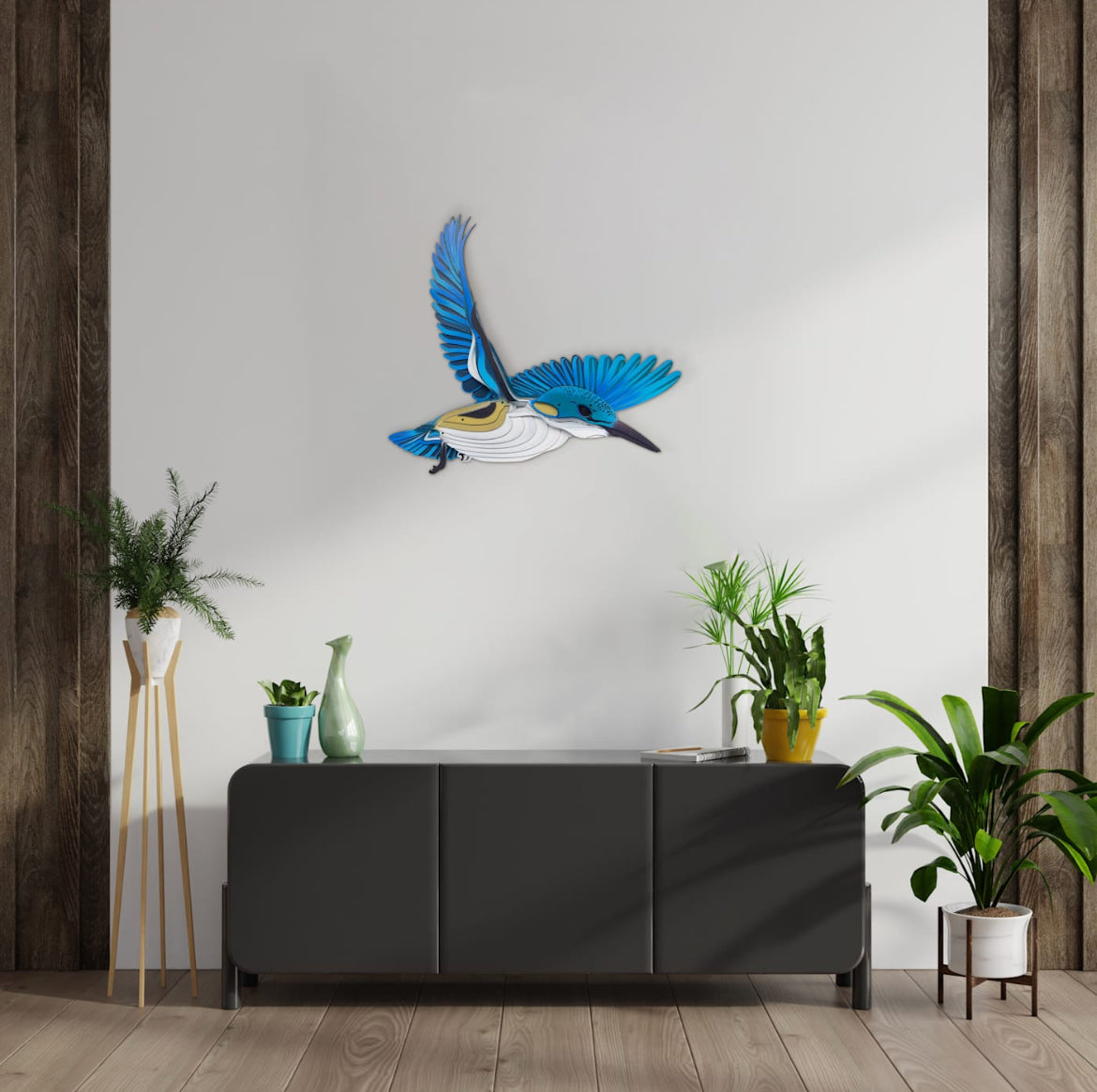 Kingfisher wall art displayed showing hand-painted detail and 3D depth