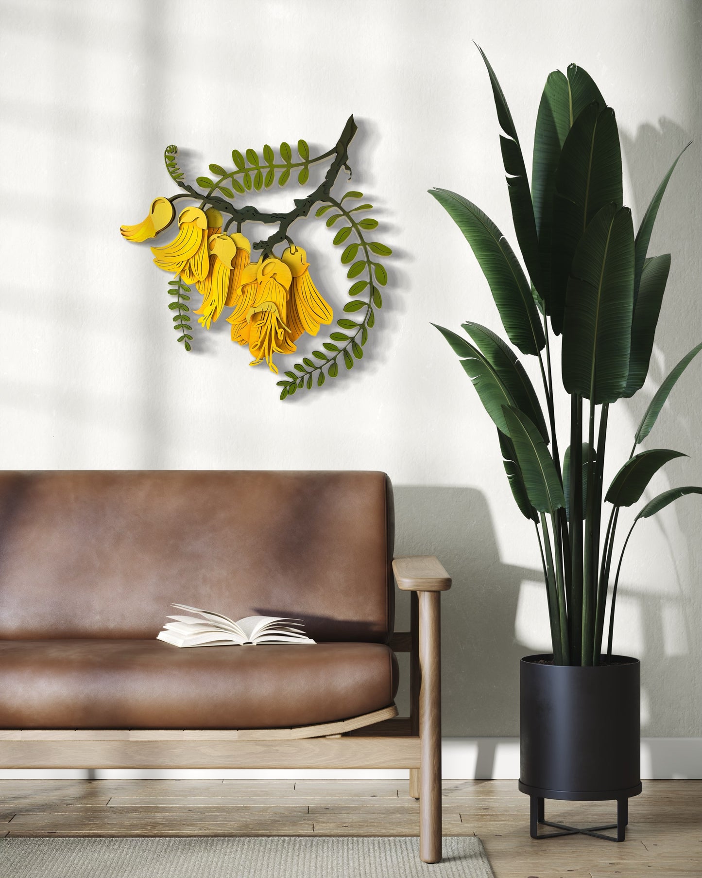 Kōwhai wall art close-up showing vibrant yellow blooms and layered detail