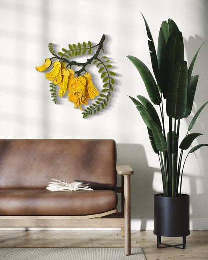 Kōwhai wall art close-up showing vibrant yellow blooms and layered detail