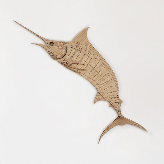 Laser-cut bamboo Marlin wall art celebrating New Zealand marine life