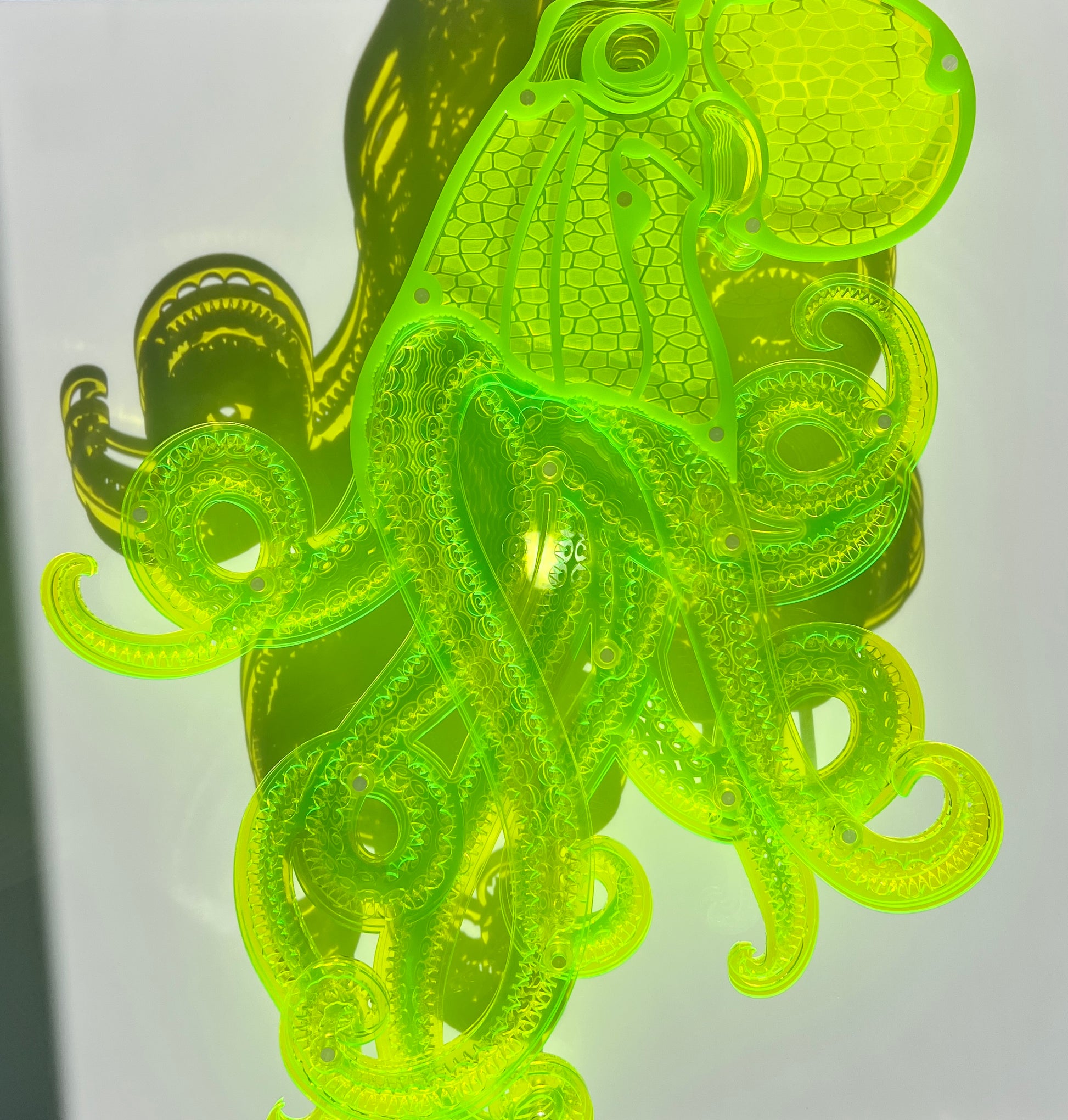 Bright neon green Octopus 3D wall art with layered acrylic in display case