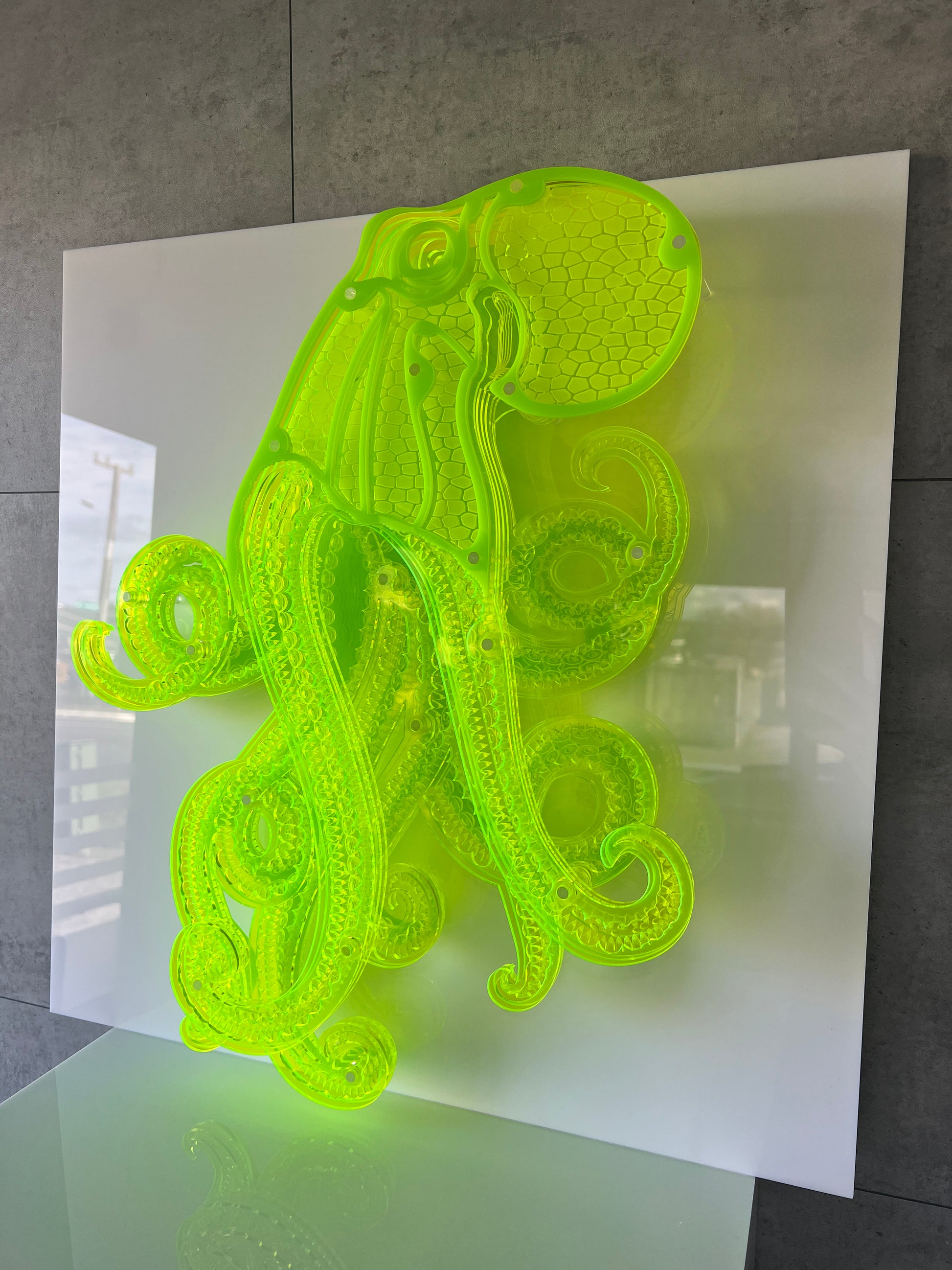 Octopus 3D art angle view displaying bold neon green layers