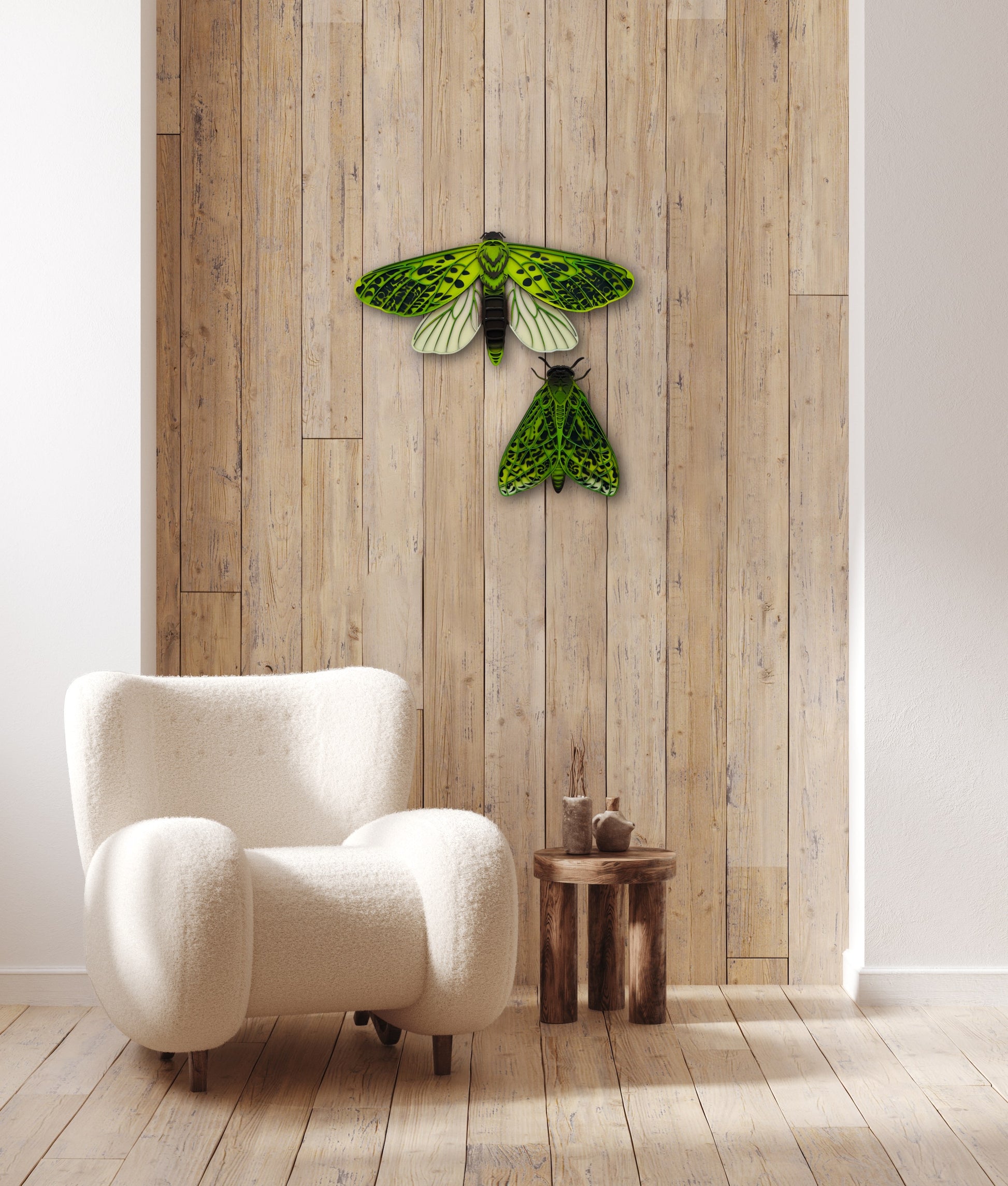 Set of Pūriri moths laser-cut wall art with colorful acrylic layers