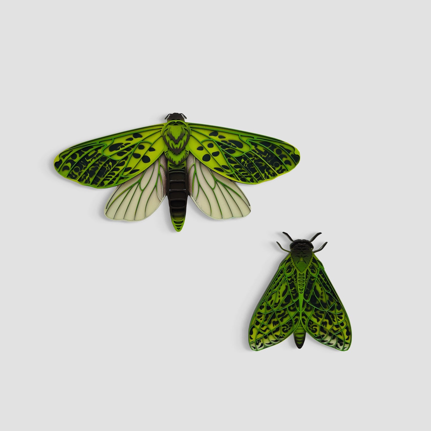 Vibrant Pūriri moth 3D wall art set with neon pink and green colors