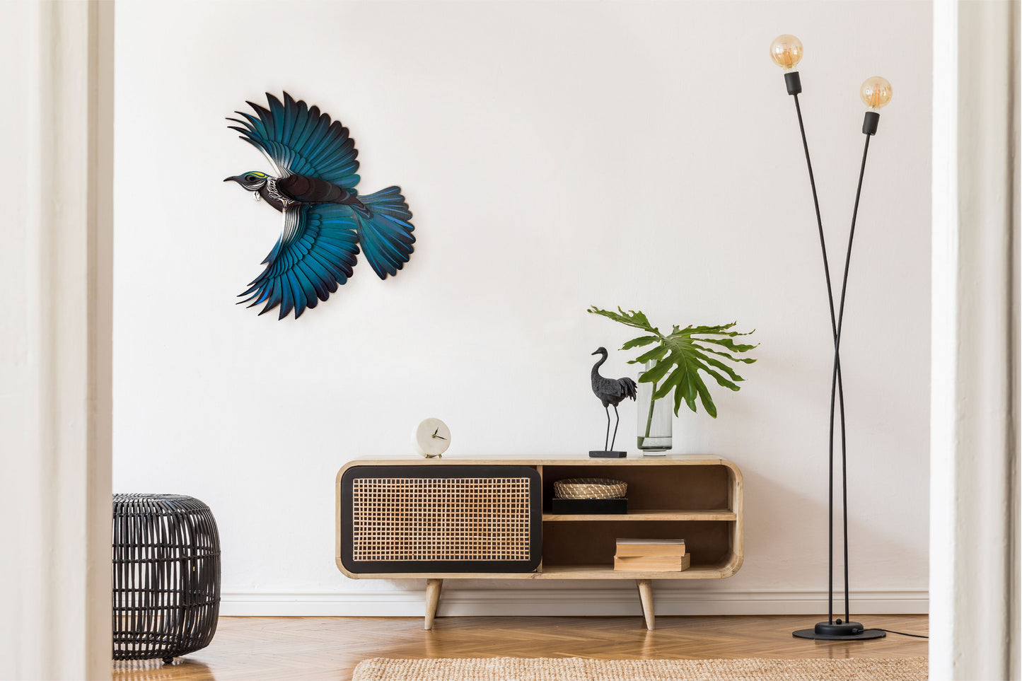 Tui bird laser-cut wall art showing colorful layered detail