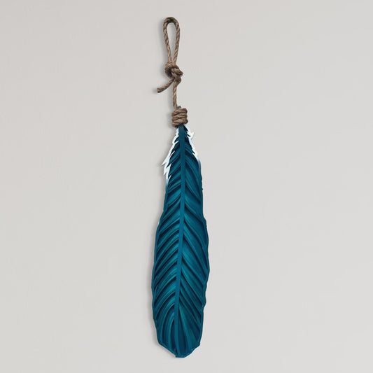 Large hanging Tui feather wall art with 10 layers and rustic rope hanger