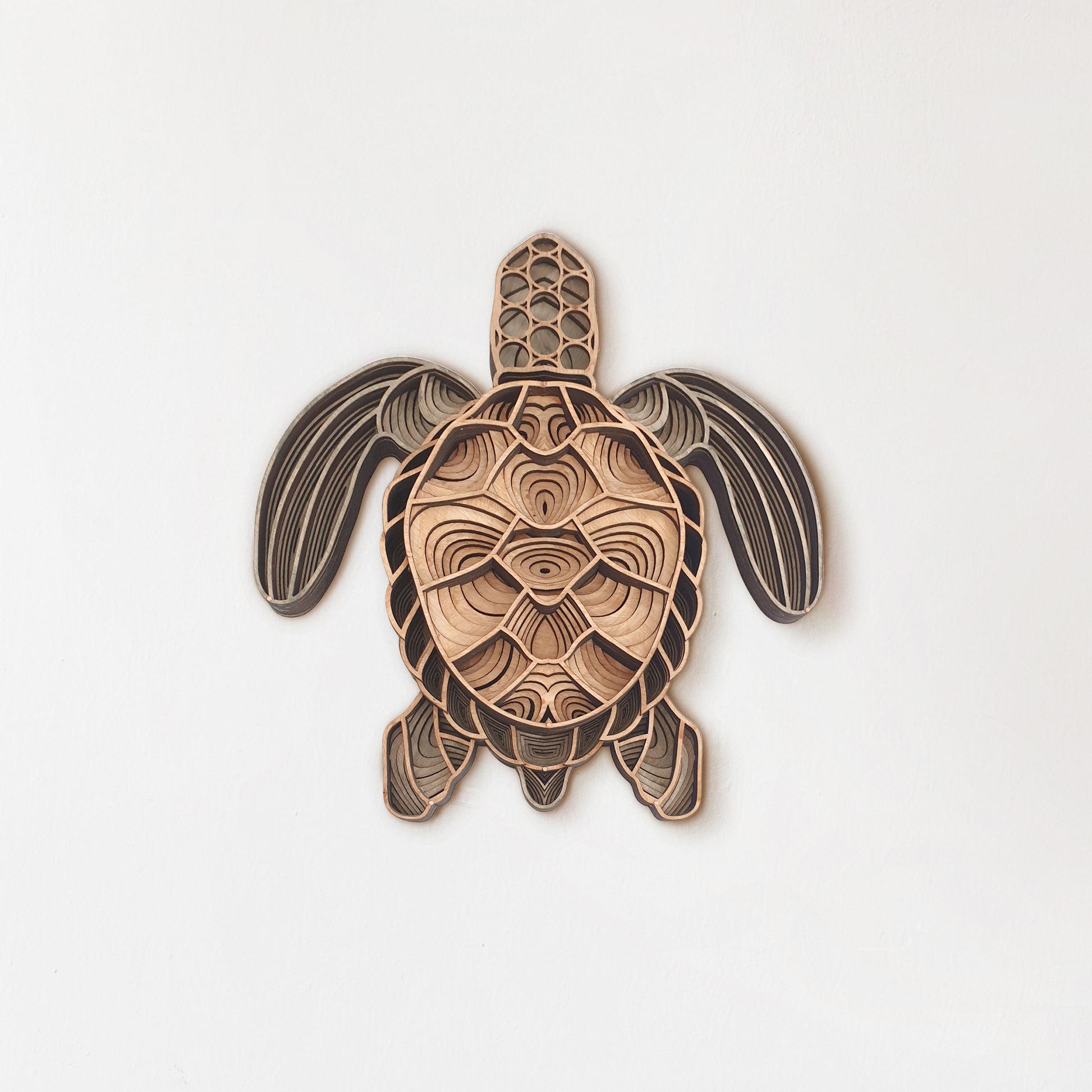 17-layer bamboo turtle wall art with 3D depth and natural wood tones