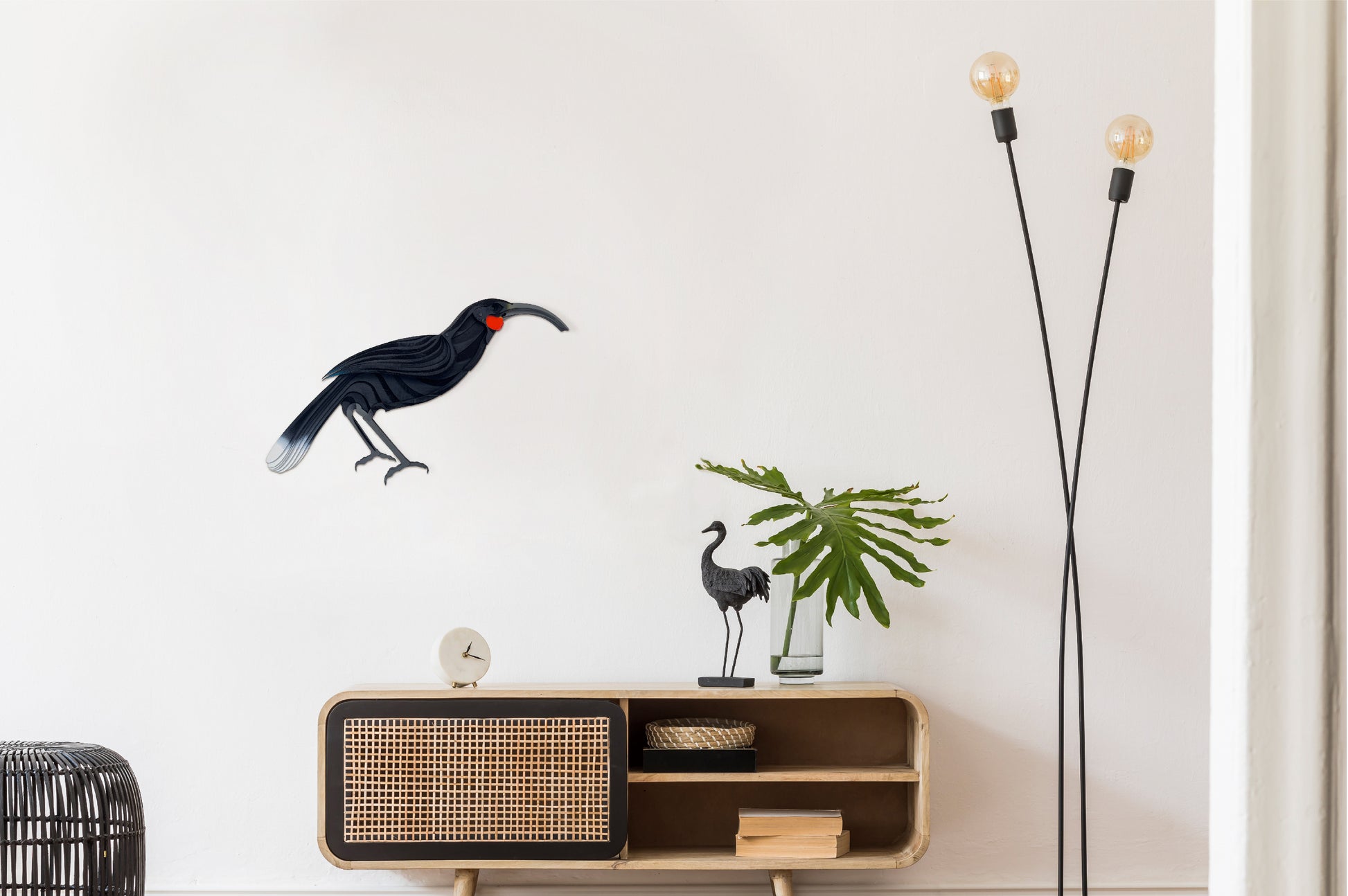 Huia wall art front view showing extinct bird tribute with layered construction