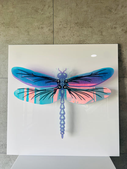 Iridescent Dragonfly 3D wall art with layered tinted Perspex