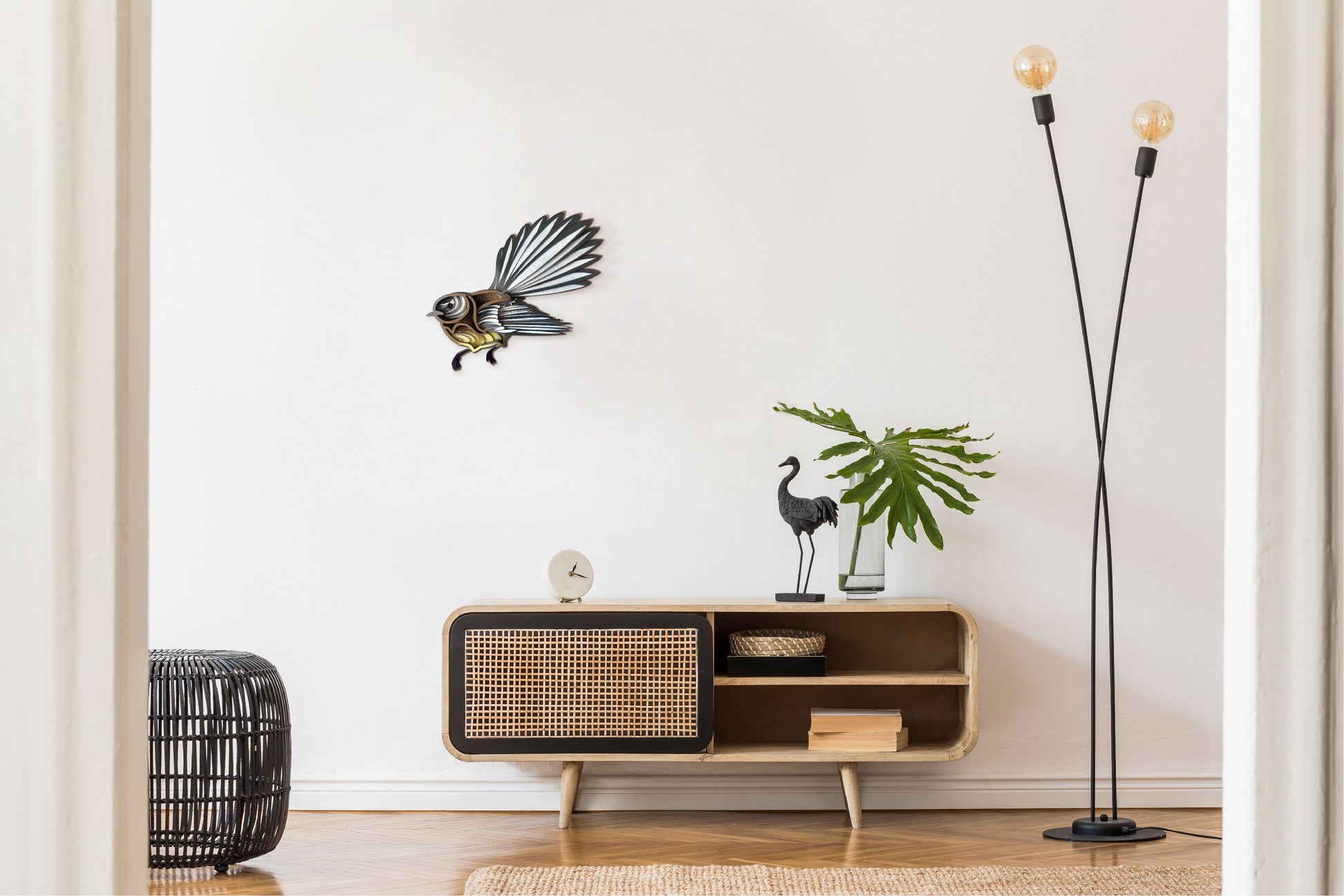 Pīwakawaka Fantail wall art front view showing graceful bird pose