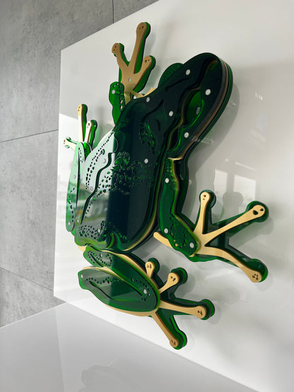 Green Frog close-up showing textured detail and acrylic construction