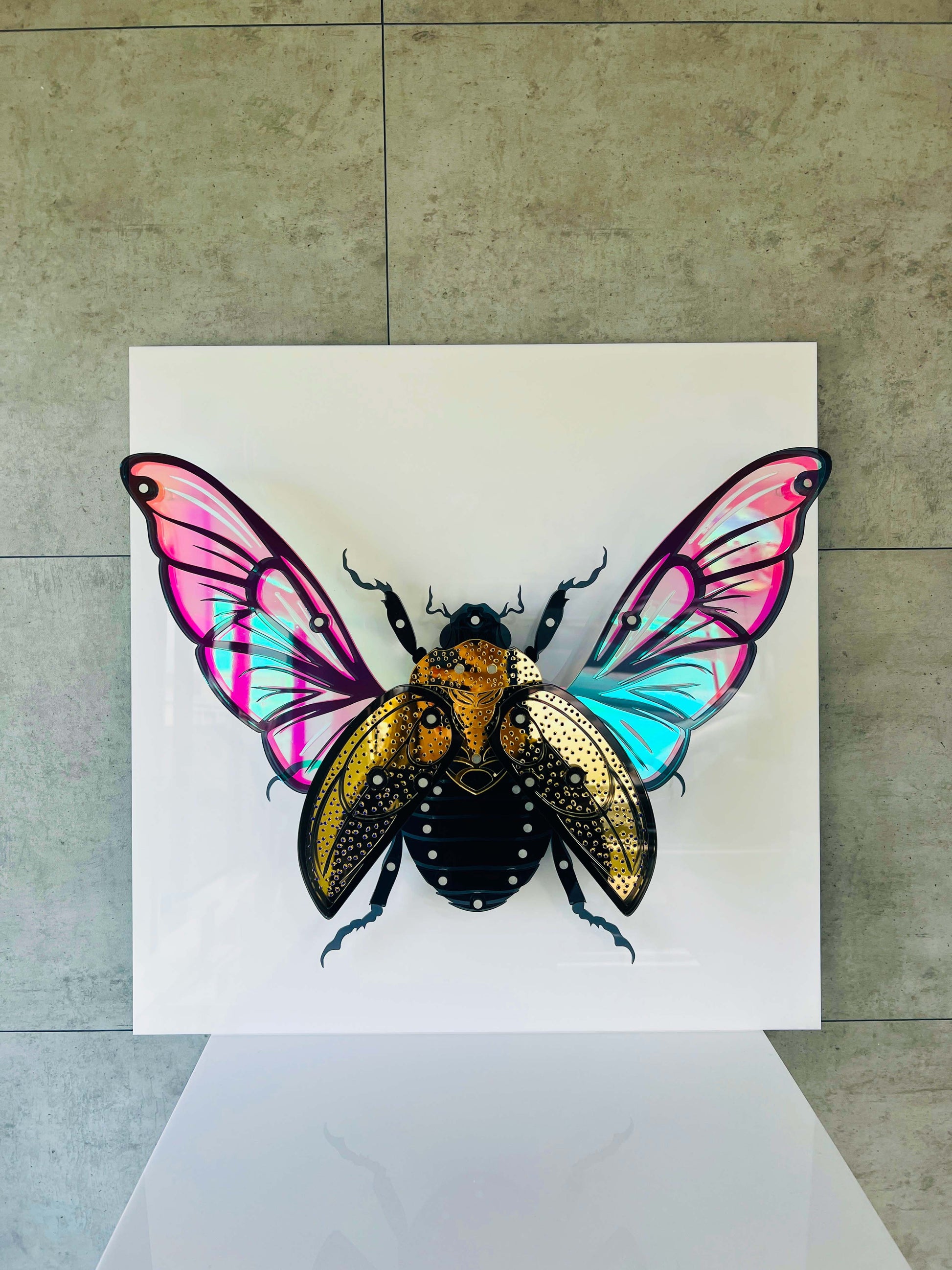 Golden Scarab Beetle 3D art close-up showing metallic sheen and acrylic layers