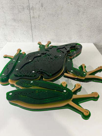 Green Frog wall art front view showing NZ bell frog with metallic sheen